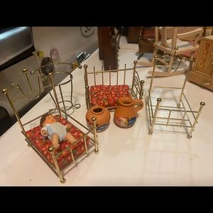 8 piece vintage dollhouse brass furniture and accessories- dolls not included